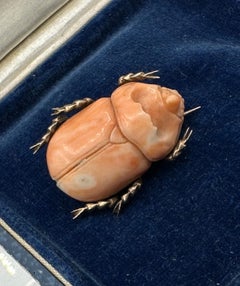 Victorian Coral Scarab Beetle Bug Insect Brooch Pin Egyptian Revival Gold