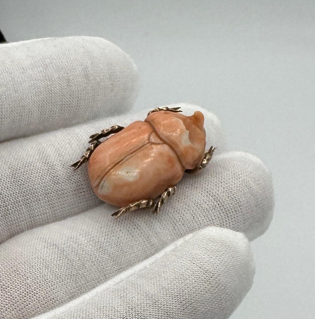 Women's or Men's Victorian Coral Scarab Beetle Bug Insect Brooch Pin Egyptian Revival Gold For Sale