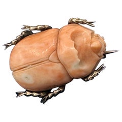 Victorian Coral Scarab Beetle Bug Insect Brooch Pin Egyptian Revival Gold
