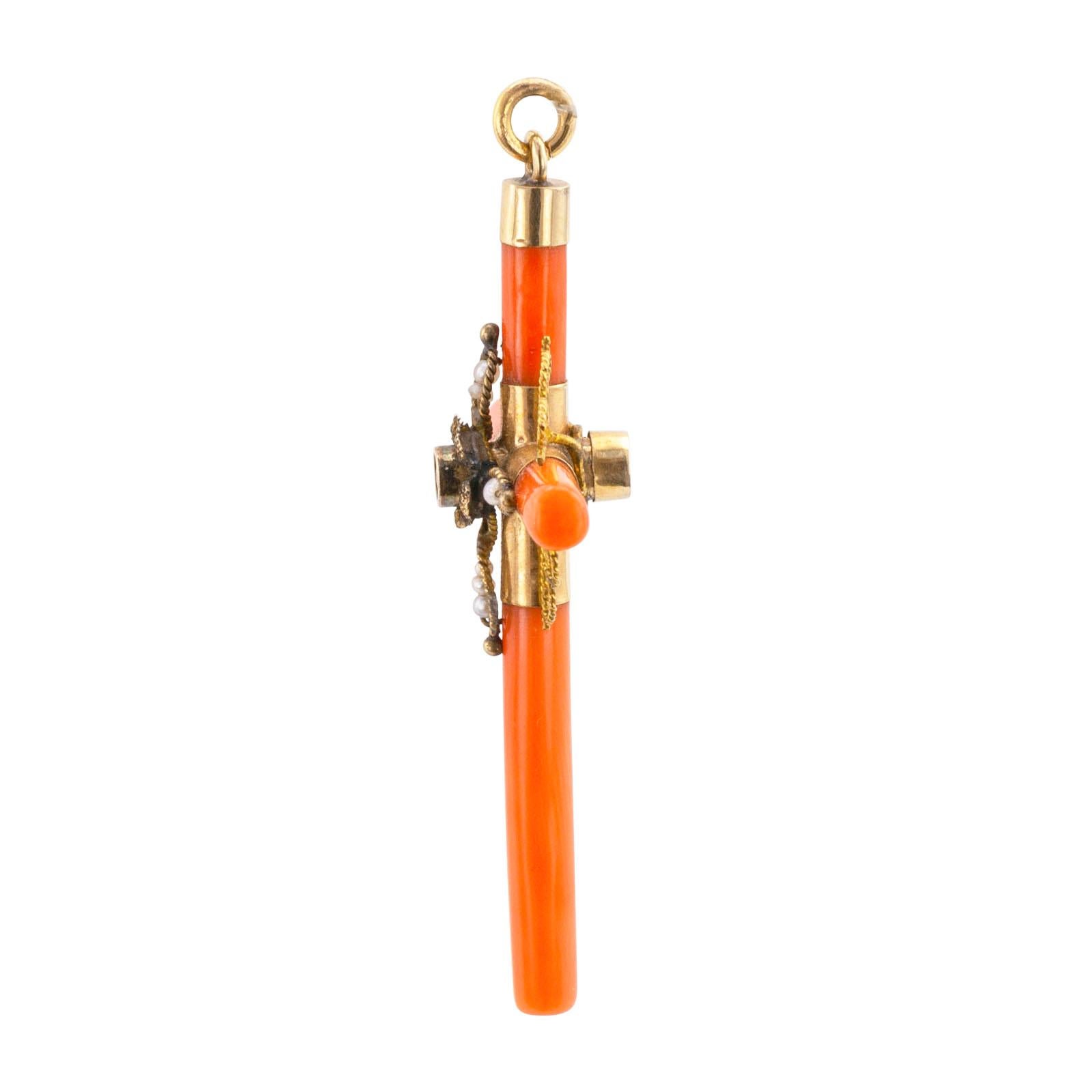 Stanhope* lens coral seed pearl and gold Victorian cross pendant.

DETAILS:
Victorian coral seed pearl gold and Stanhope* lens cross pendant circa 1890.

*Stanhope scopes are optical devices that enable the viewing of microphotographs without using
