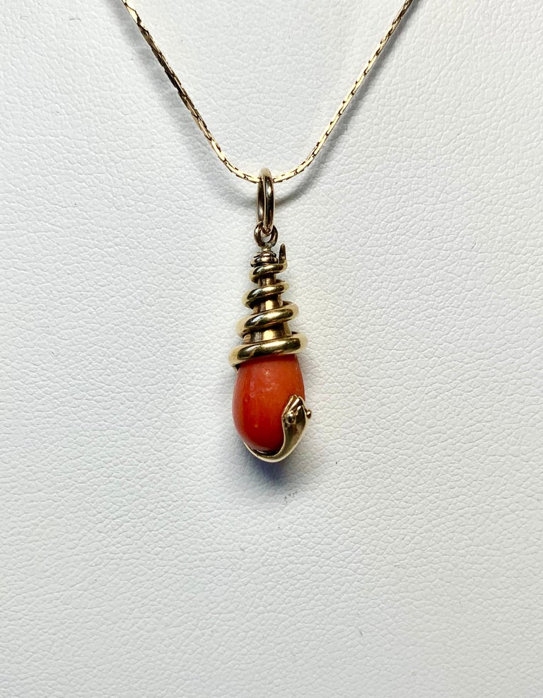 Victorian Coral Snake Pendant Necklace Antique 14 Karat Gold 1800s Rare