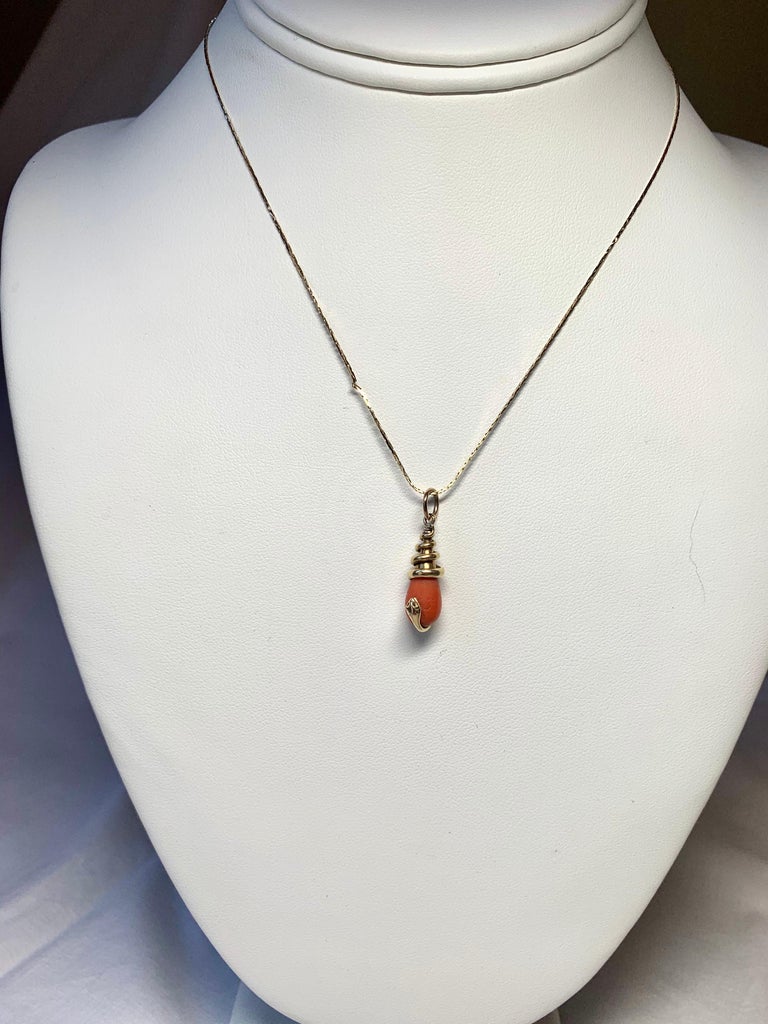 Victorian Coral Snake Pendant Necklace Antique 14 Karat Gold 1800s Rare