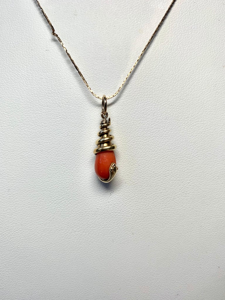 Victorian Coral Snake Pendant Necklace Antique 14 Karat Gold 1800s Rare