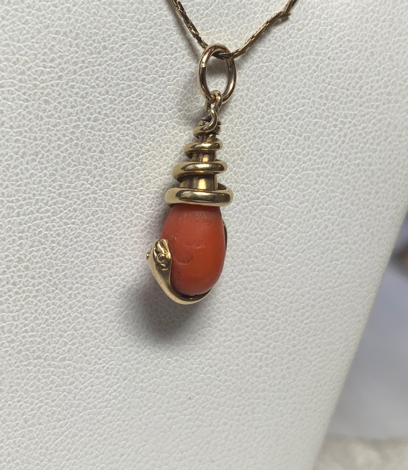 Women's Victorian Coral Snake Pendant Necklace Antique 14 Karat Gold 1800s Rare For Sale