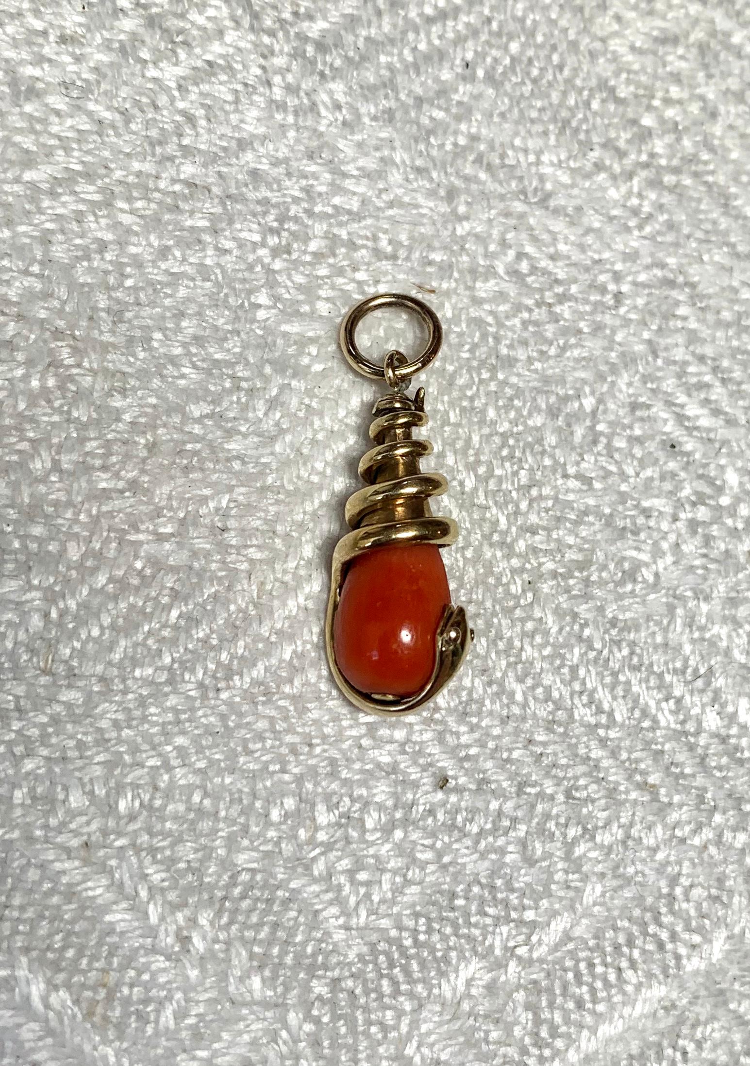 Victorian Coral Snake Pendant Necklace Antique 14 Karat Gold 1800s Rare For Sale 1