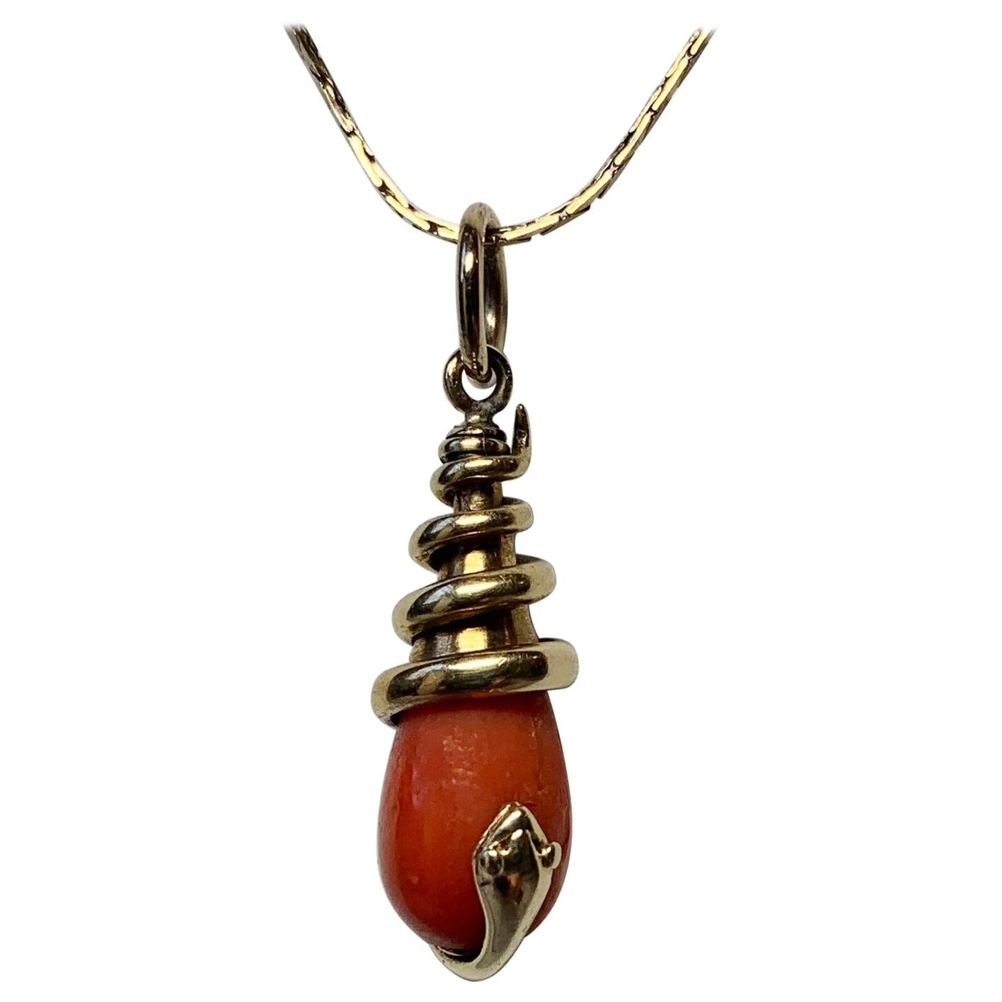 Victorian Coral Snake Pendant Necklace Antique 14 Karat Gold 1800s Rare