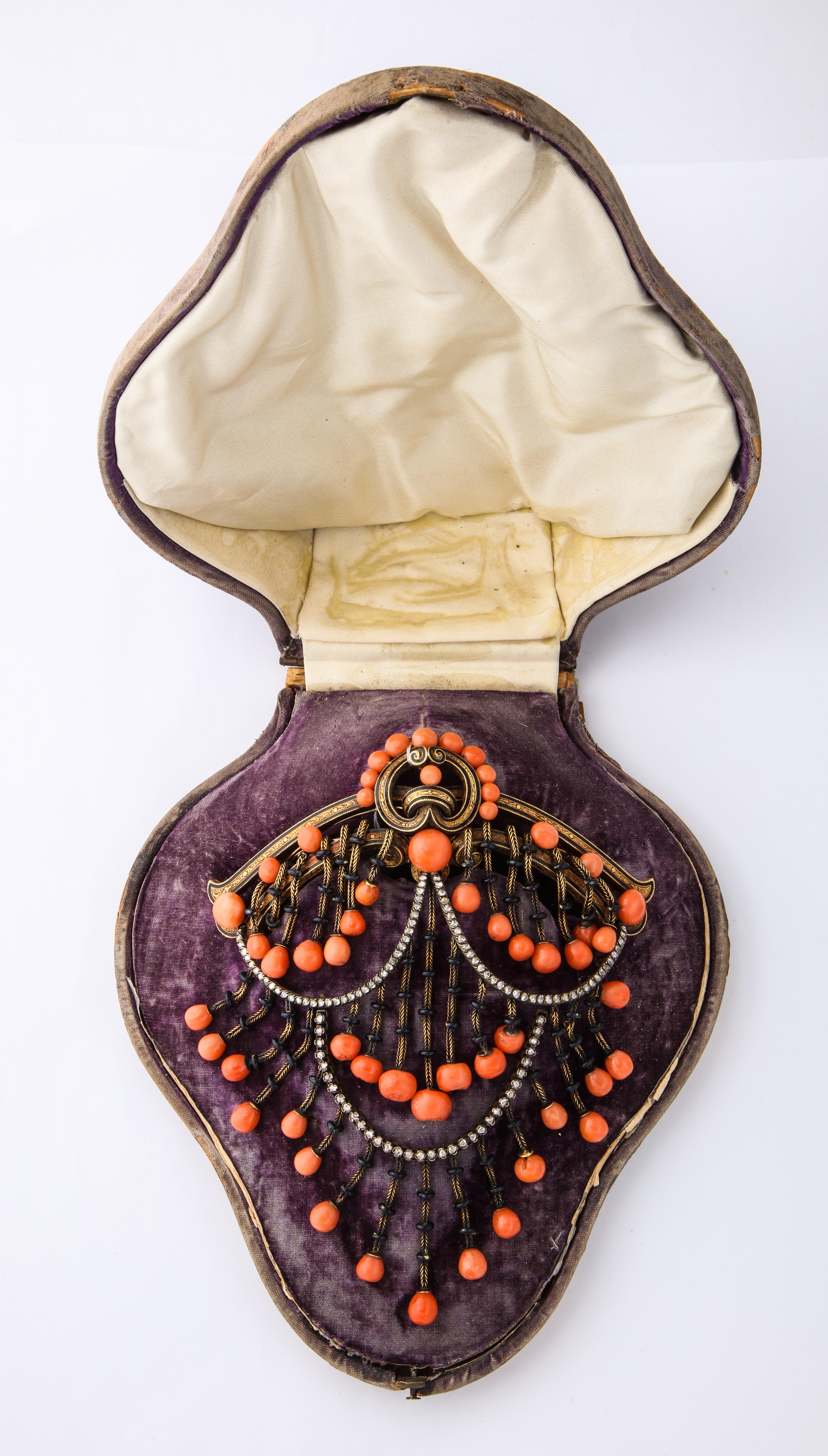 Cabochon Victorian Coral Stomacher Brooch with Fitted Box For Sale