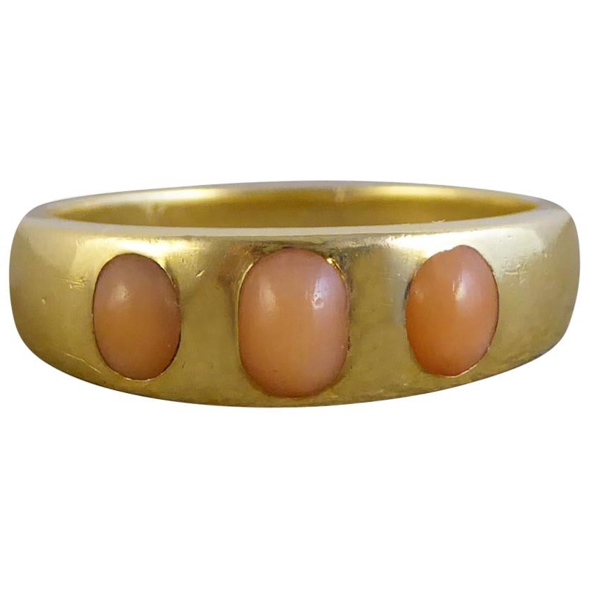 Victorian Coral Three-Stone 18 Carat Gold Band Ring