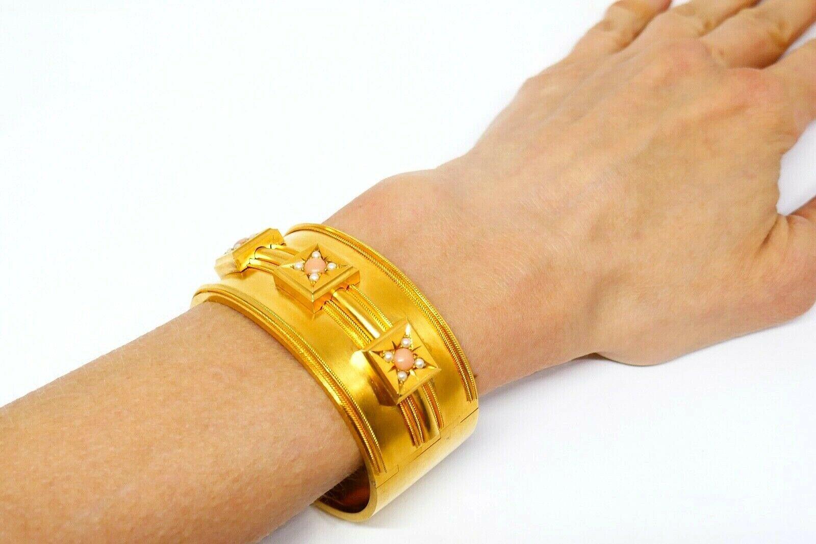 Victorian Coral Yellow Gold Bangle Bracelet 6