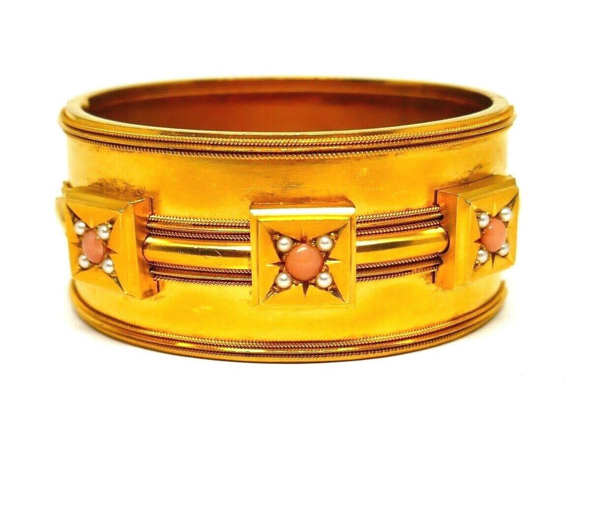 Victorian Coral Yellow Gold Bangle Bracelet 7