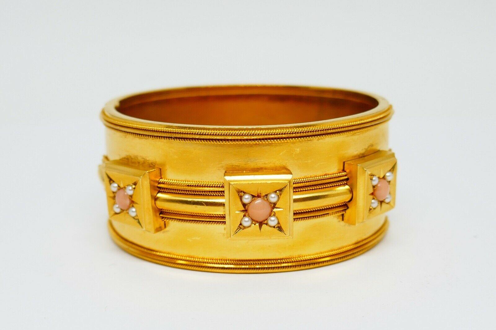 Victorian Coral Yellow Gold Bangle Bracelet 3