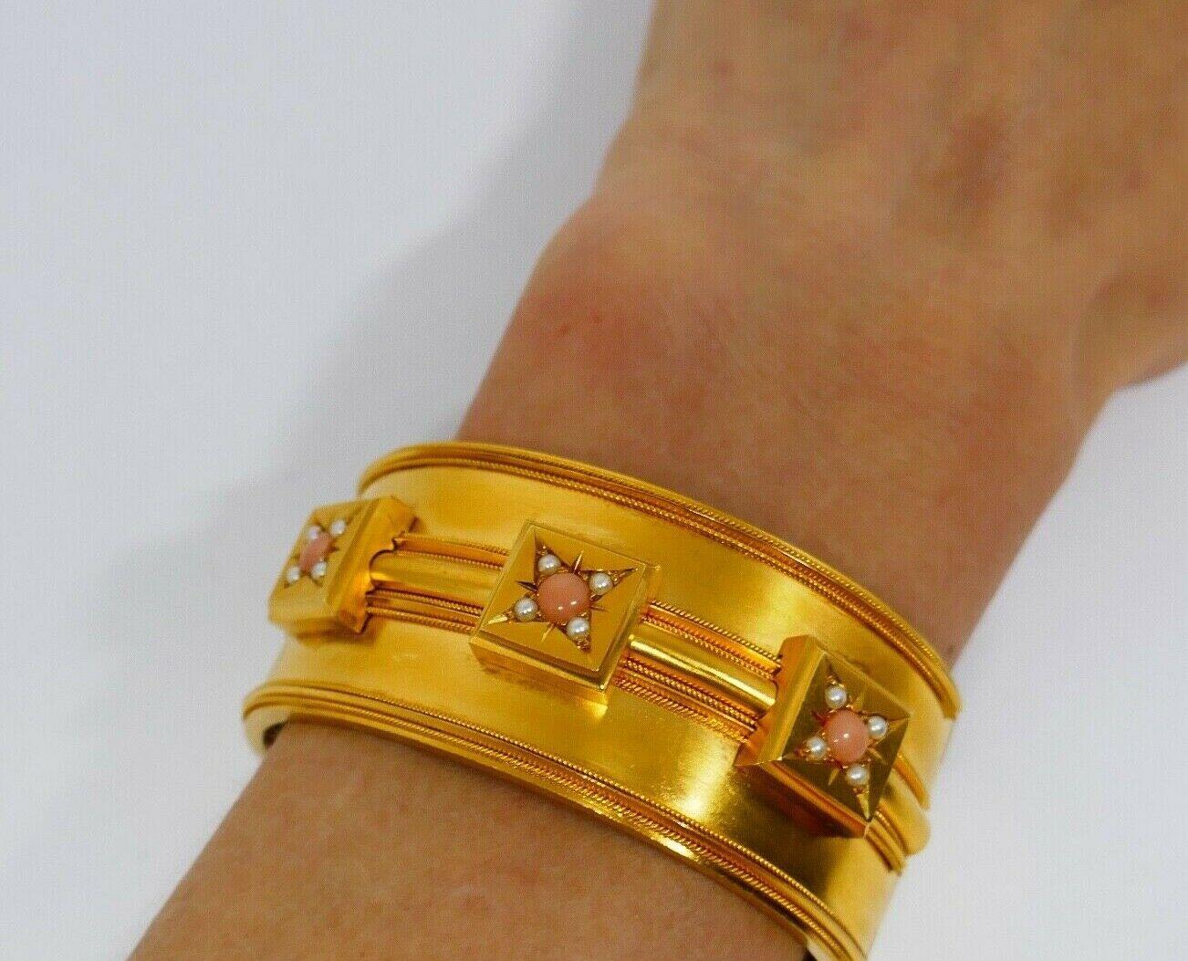 Victorian Coral Yellow Gold Bangle Bracelet 5