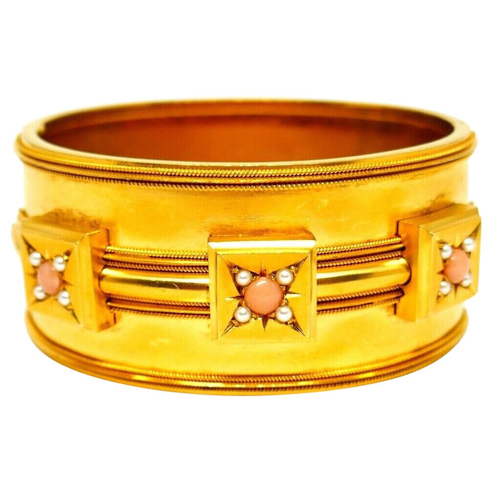 Victorian Coral Yellow Gold Bangle Bracelet