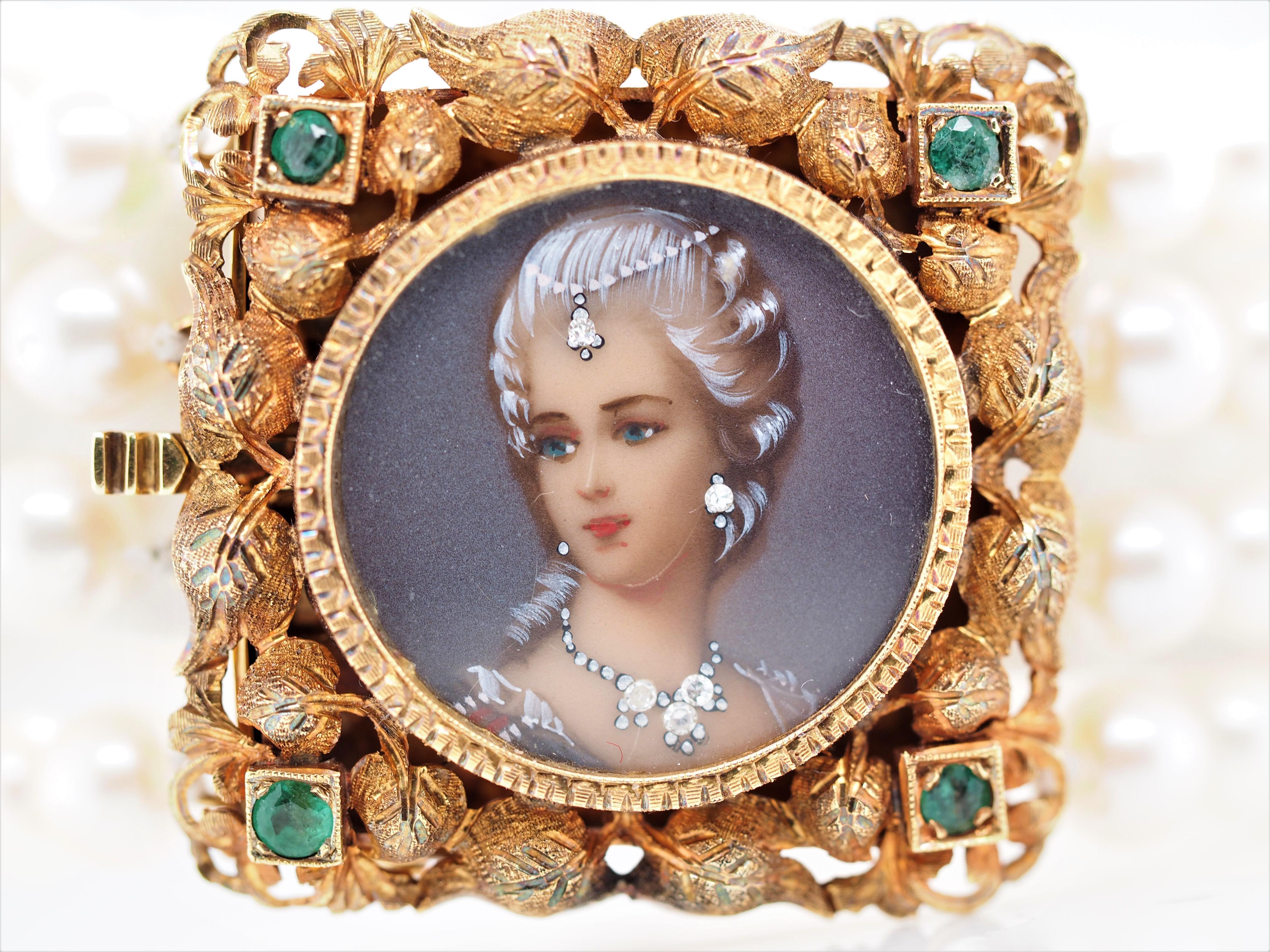 Circa Victorian revival era Corletto, Italy 18K Yellow Gold Akoya Pearls bracelet features a miniature hand painted portrait of a woman adorned with diamond jewelry. The portrait is accented with 5 round single cut diamonds and 4 round cut emeralds.