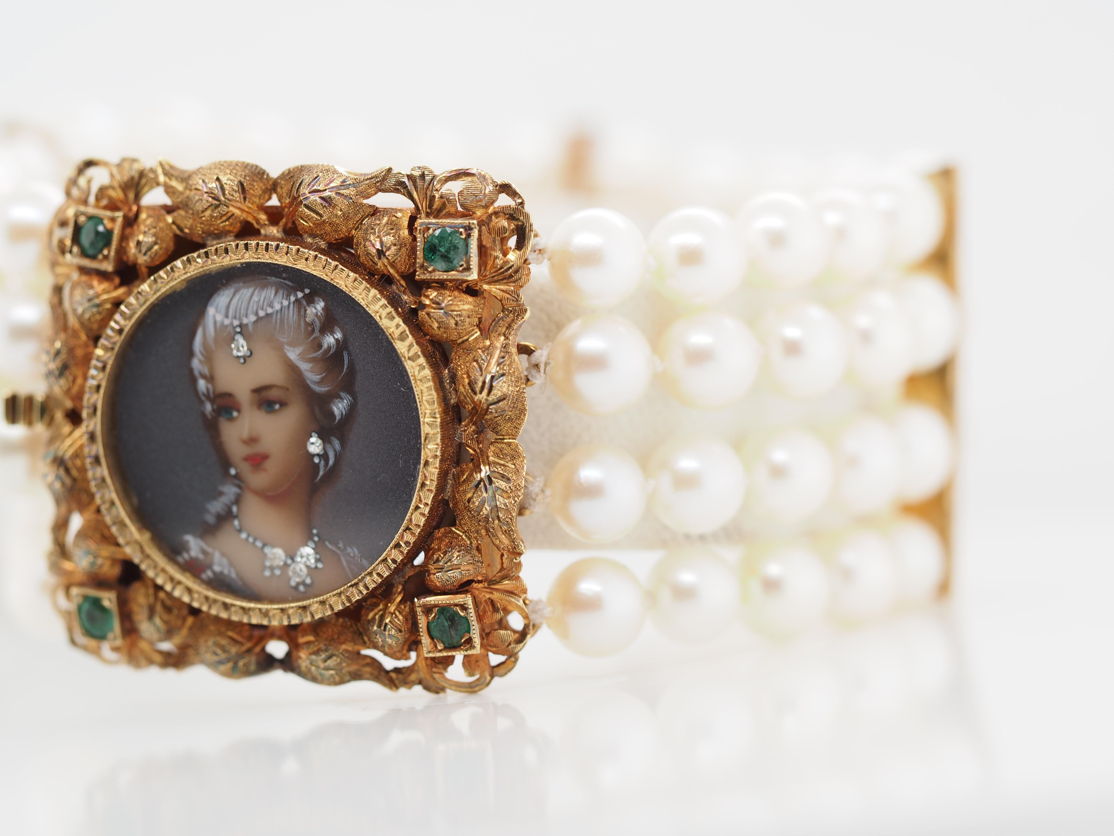 Victorian Corletto Akoya Pearl and Diamond 18 Karat Yellow Gold Bracelet In Good Condition In Addison, TX