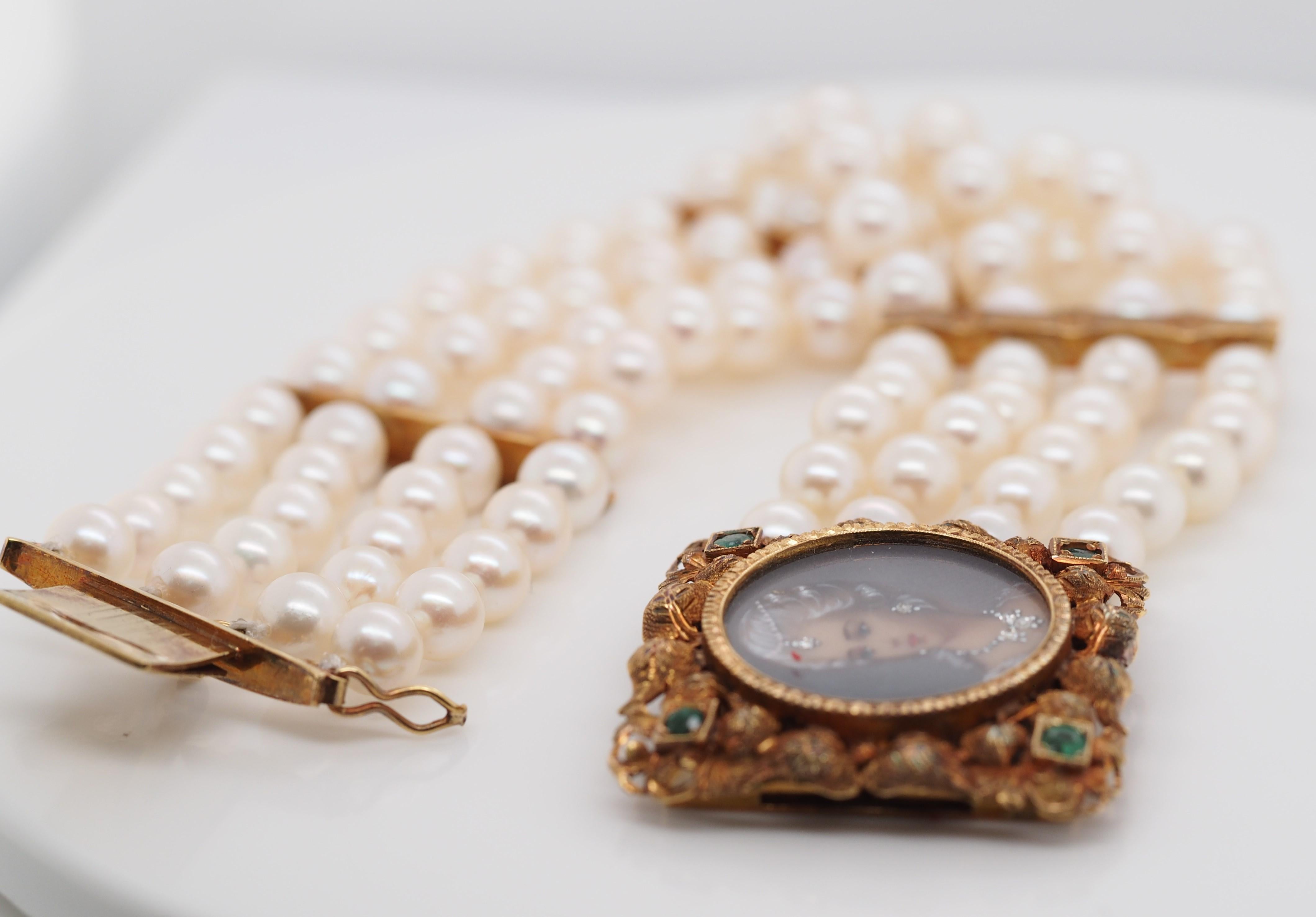 Victorian Corletto Akoya Pearl and Diamond 18 Karat Yellow Gold Bracelet 1