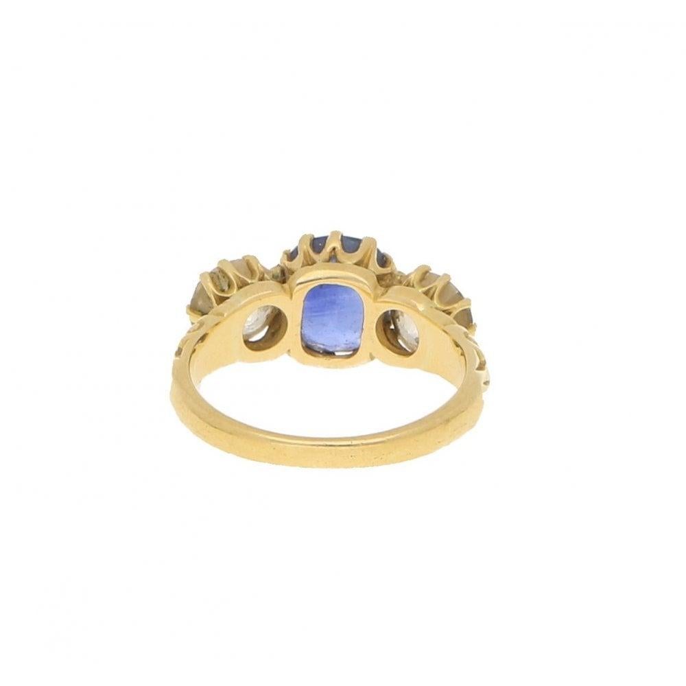 Cushion Cut Victorian Blue Sapphire and Diamond Three-Stone Engagement Ring in 18k Gold