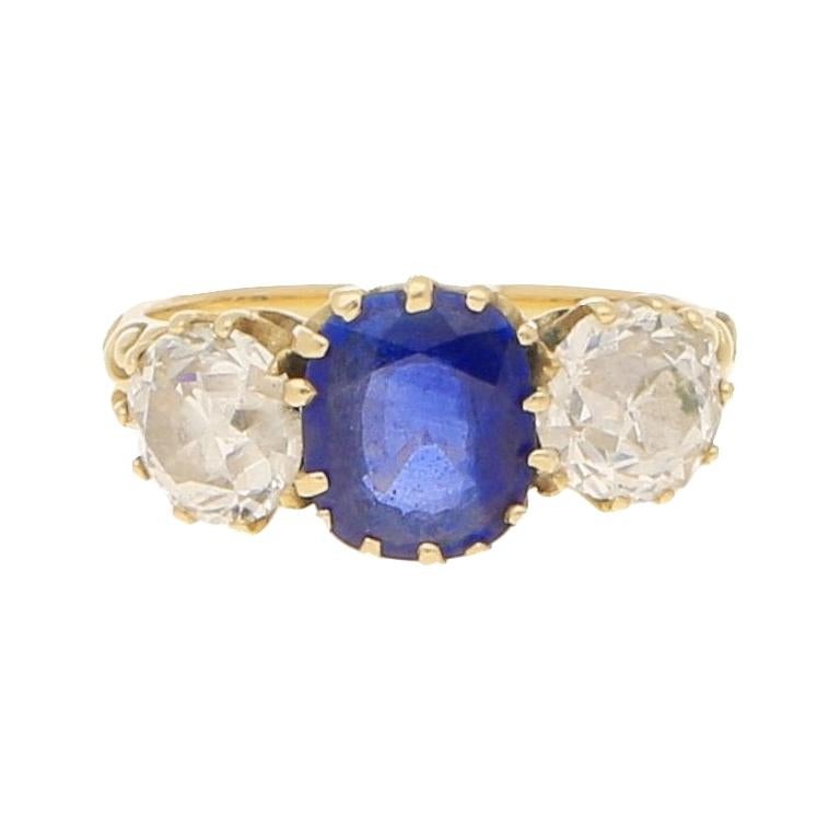 Victorian Blue Sapphire and Diamond Three-Stone Engagement Ring in 18k Gold