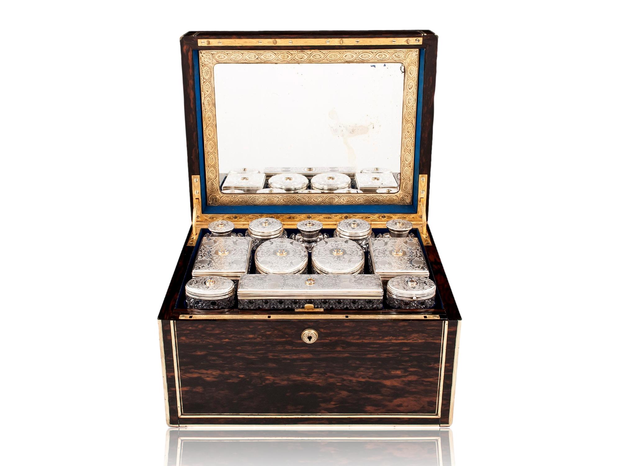 Dating to 1857 hallmarks for James Vickery and makers plaque Henry Lewis

From our Vanity Box collection, we are delighted to offer this exceptional Victorian Coromandel Vanity Box from the Glyn Cywarch Estate. The box veneered in exotic Coromandel