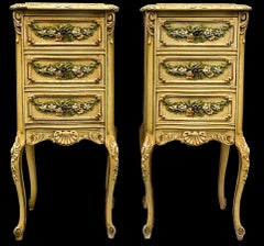 Victorian Cottage Style Chests Side Tables W/ Floral Barbola Marble Tops - Pair