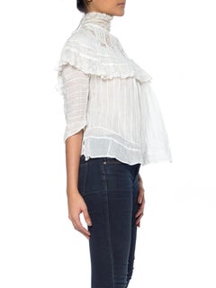 Victorian White Cotton Voile Swan Neck Pintucked Blouse With Lace Ruffled Yoke