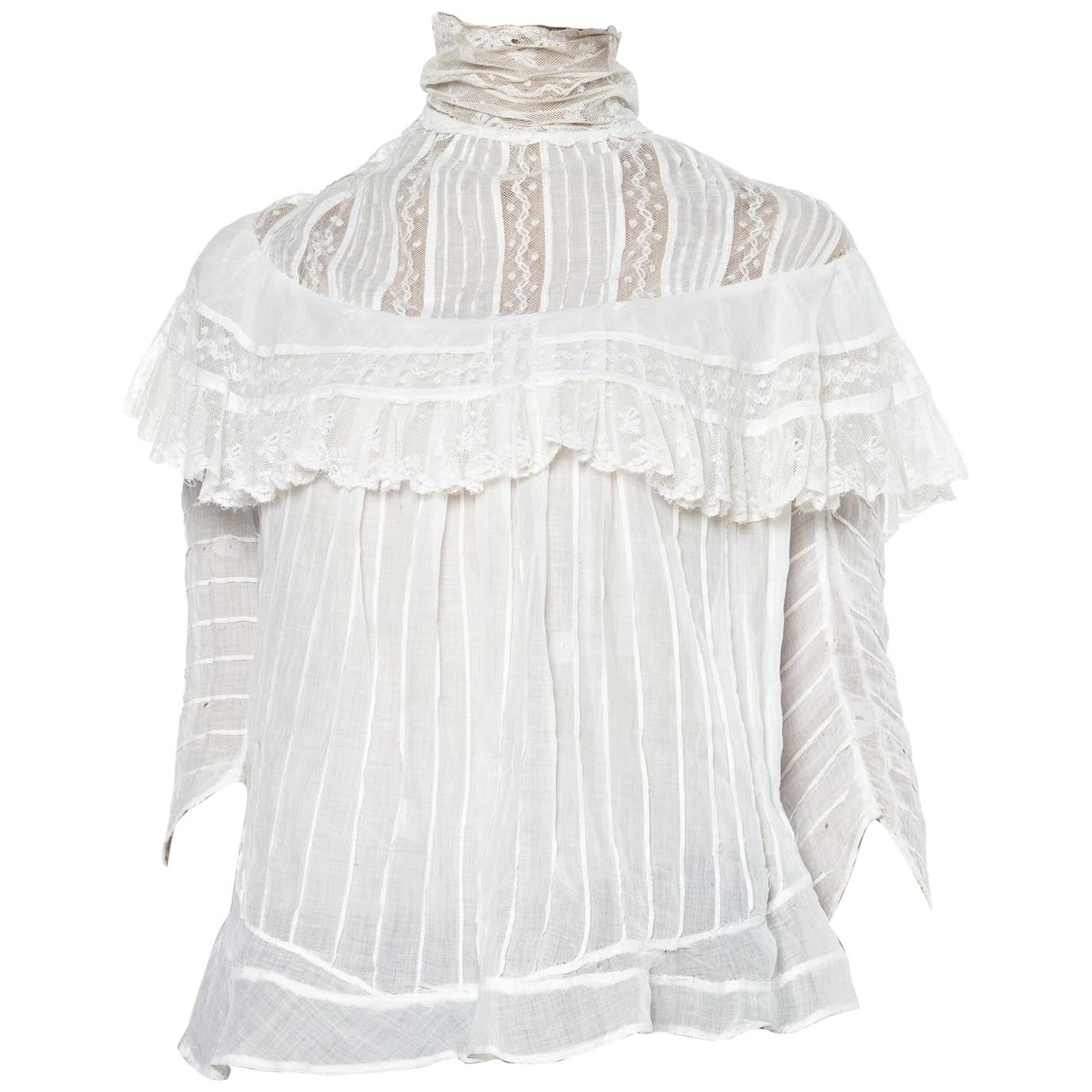 Victorian White Cotton Voile Swan Neck Pintucked Blouse With Lace Ruffled Yoke  For Sale