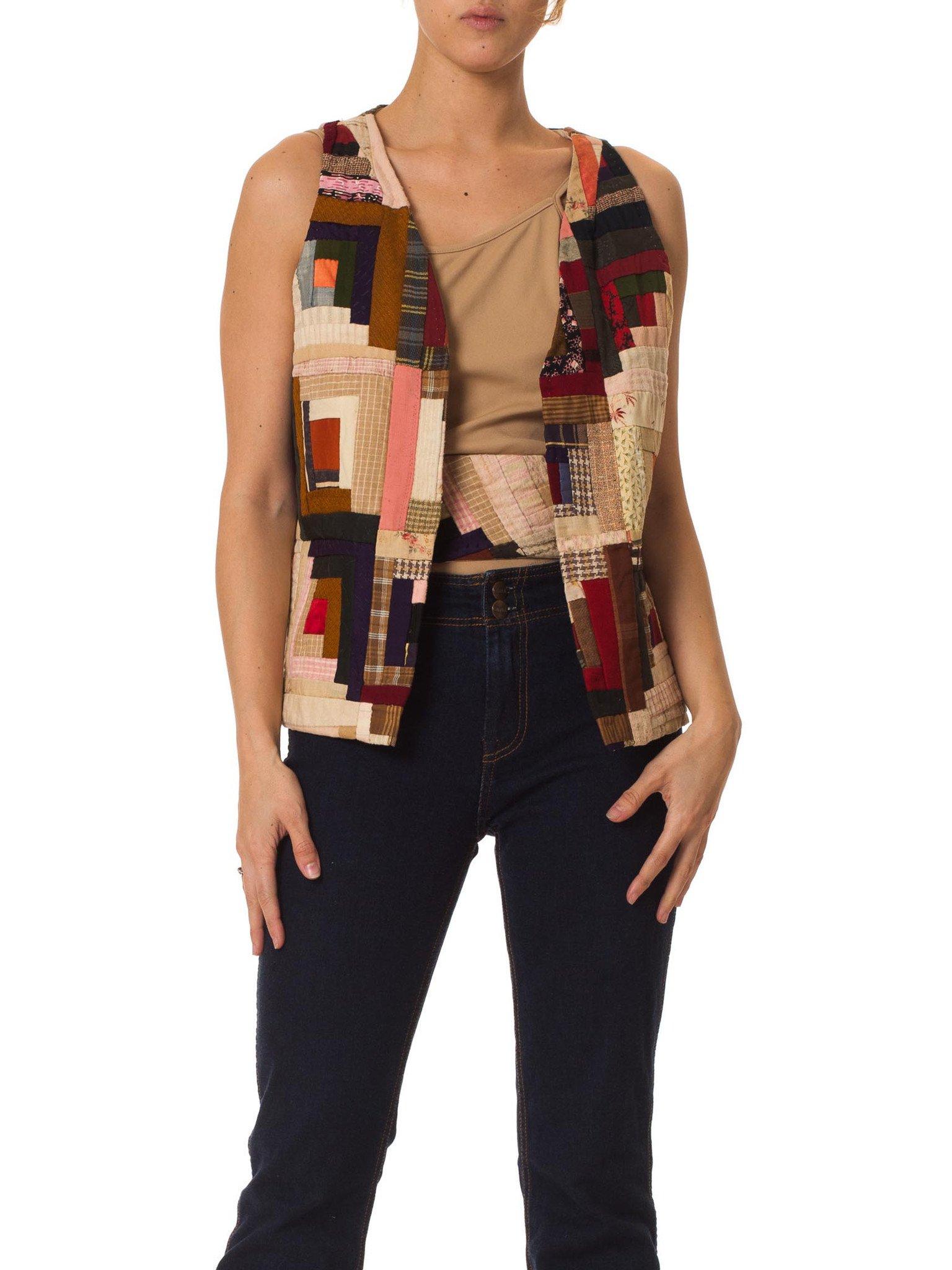 Victorian Cotton Wool  Log Cabin Quilt Vest In Excellent Condition In New York, NY