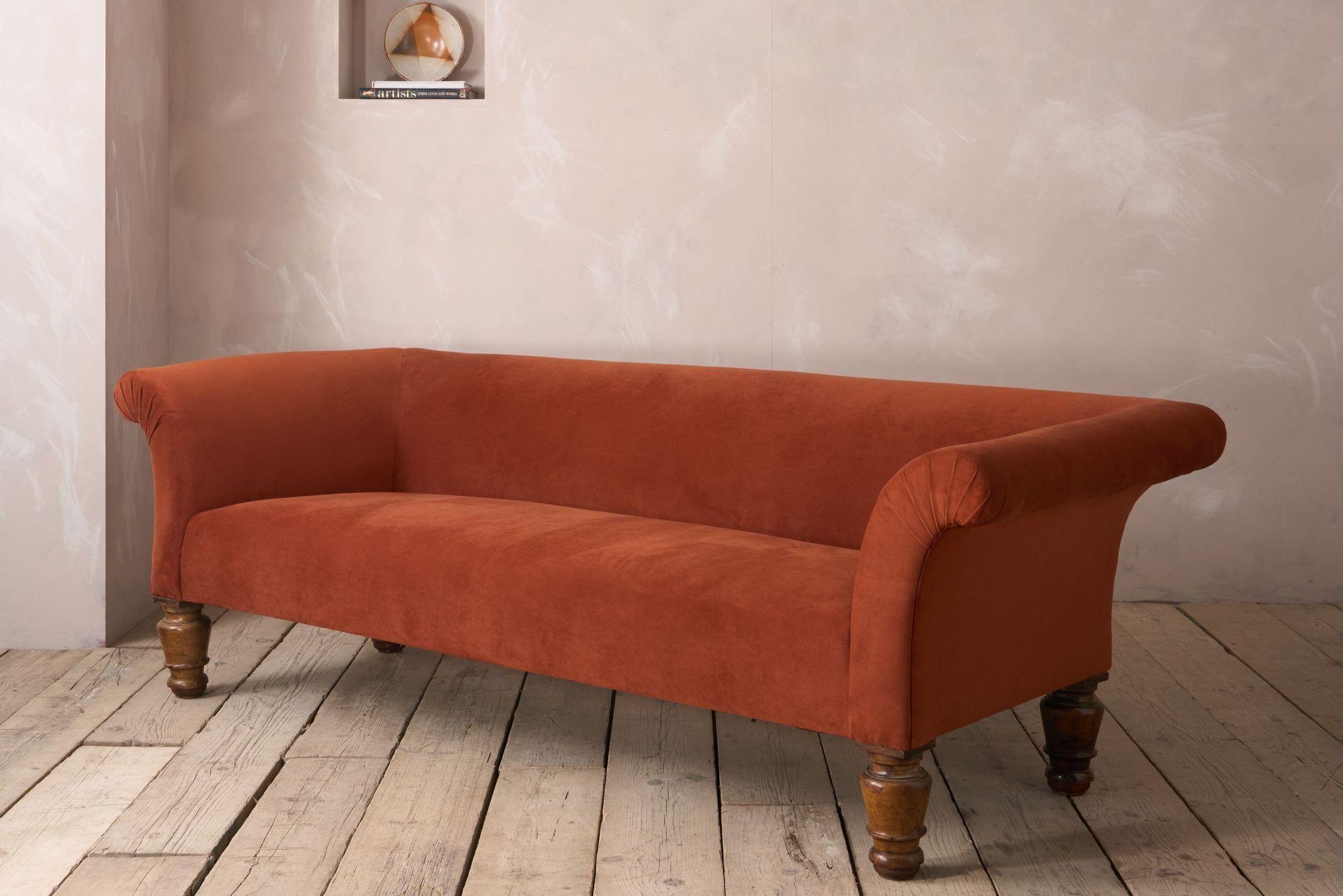 Upholstery Victorian country house sofa in rust velvet