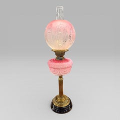 Victorian Cranberry Etched Glass Oil Lamp With Brass Column