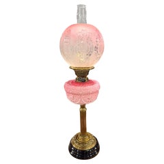 Antique Victorian Cranberry Etched Glass Oil Lamp With Brass Column