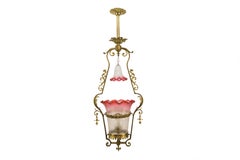 Victorian Cranberry Glass and Bronze Pendant Hall Light