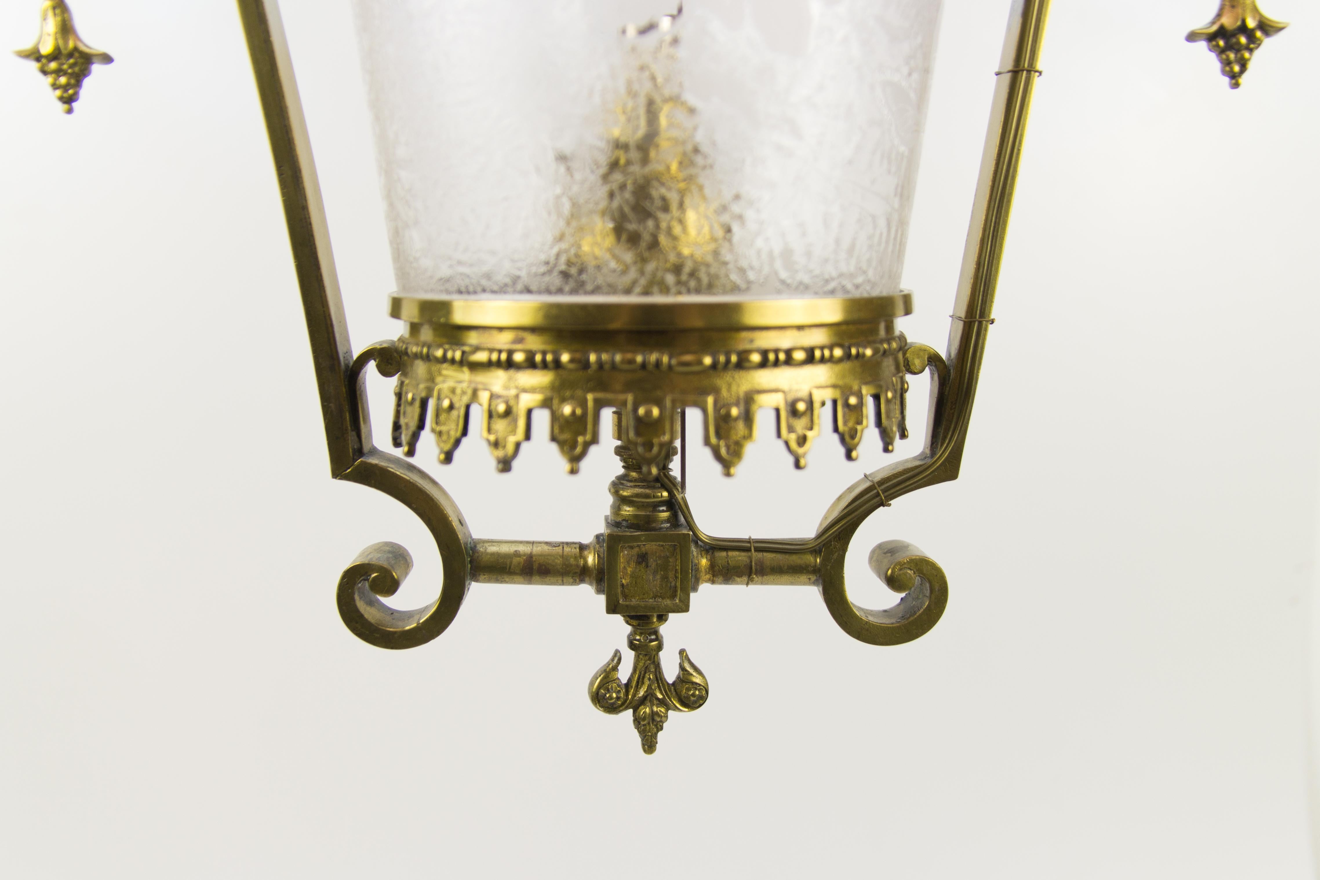 19th Century Victorian Cranberry Glass and Bronze Pendant Hall Light 
