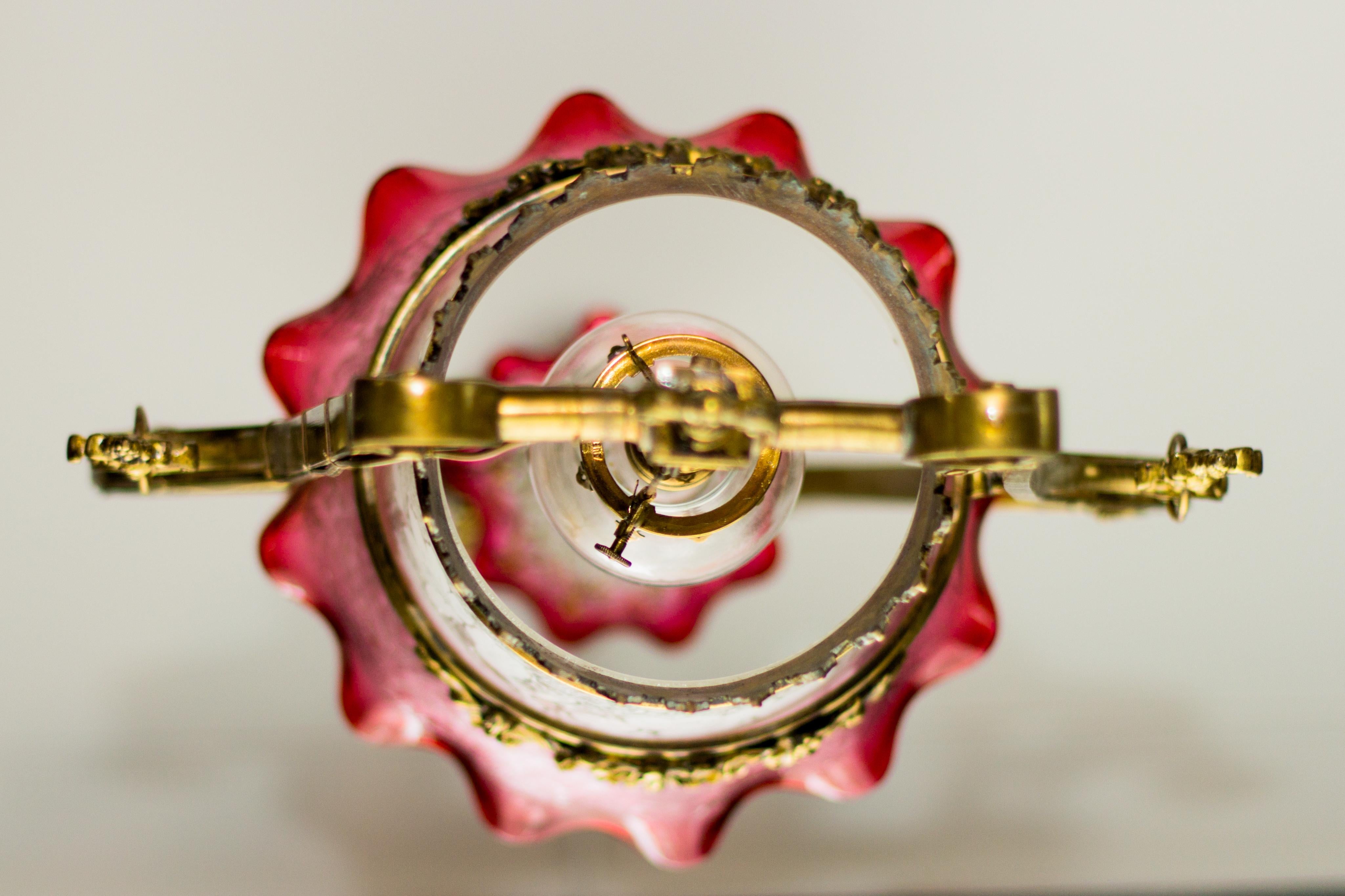 Victorian Cranberry Glass and Bronze Pendant Hall Light 1