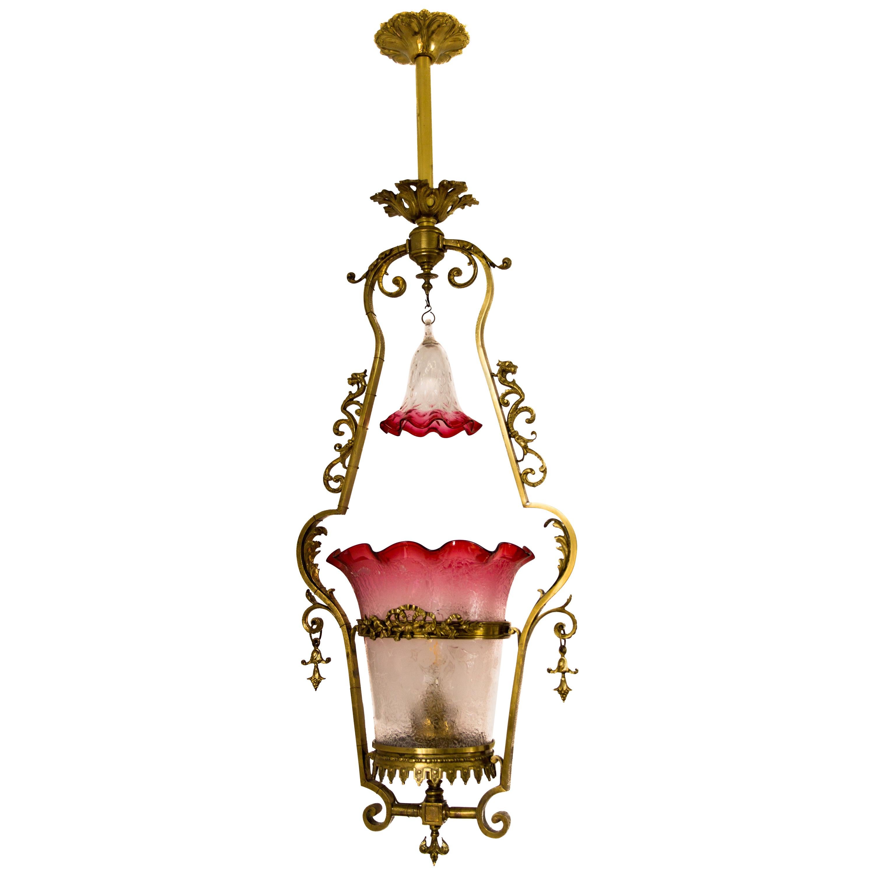 Victorian Cranberry Glass and Bronze Pendant Hall Light 