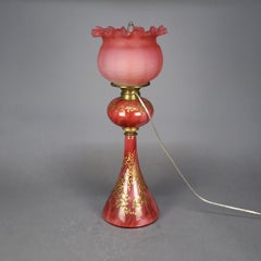 Victorian Cranberry Glass & Gilt Enamel Decorated Gone with the Wind Parlor Lamp