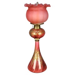 Antique Victorian Cranberry Glass & Gilt Enamel Decorated Gone with the Wind Parlor Lamp