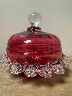 Victorian Cranberry Glass Powder Brush Vanity Make-Up Glass Lid Box With Scallop