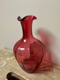 Victorian Cranberry Art Glass Vase, Hand-Blown, Ribbed Design, 1870
