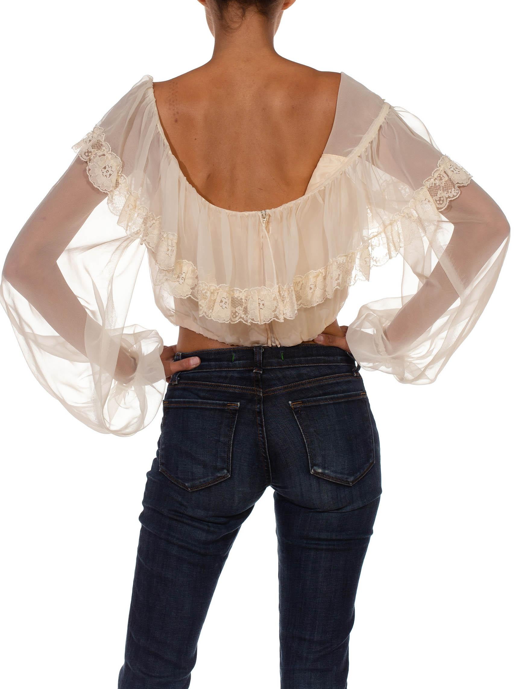 White 1970S Cream Polyester Chiffon Caplet With Lace Trimmings Crop Top For Sale
