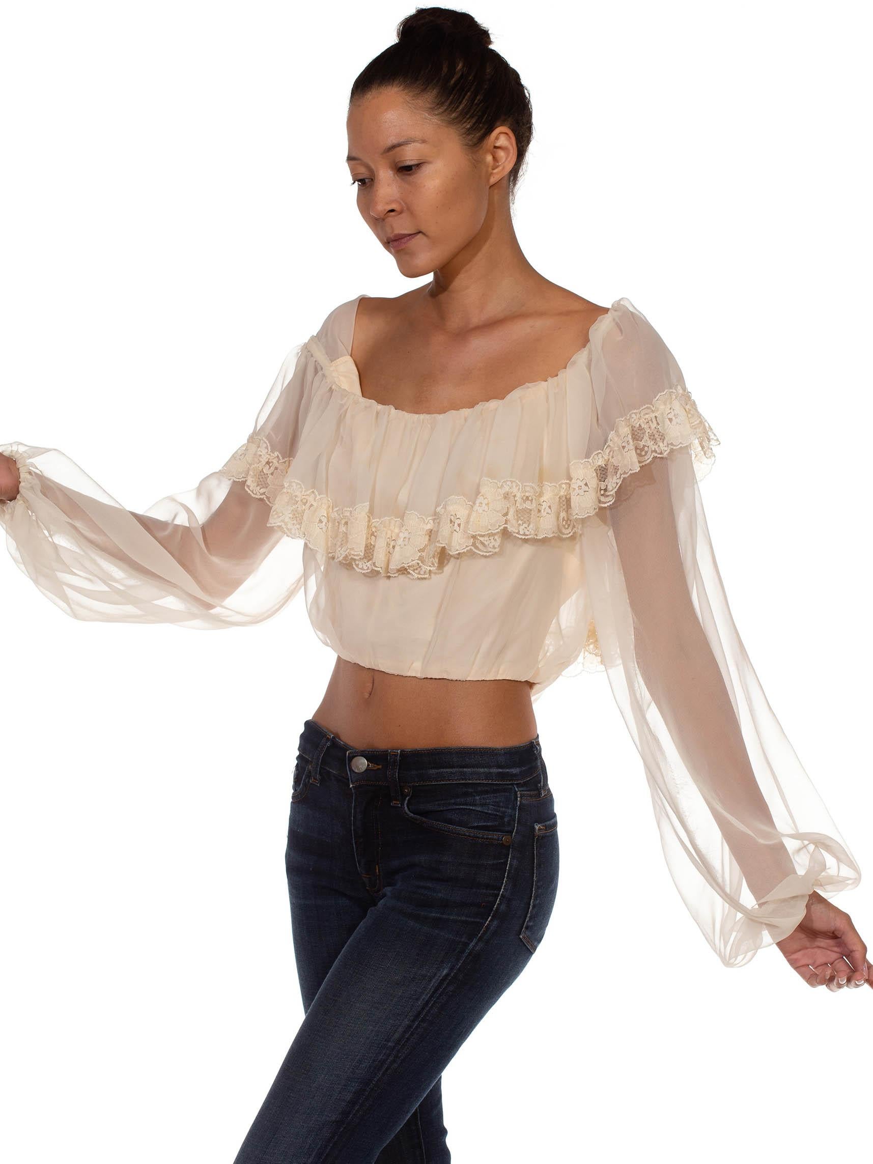 Women's 1970S Cream Polyester Chiffon Caplet With Lace Trimmings Crop Top For Sale