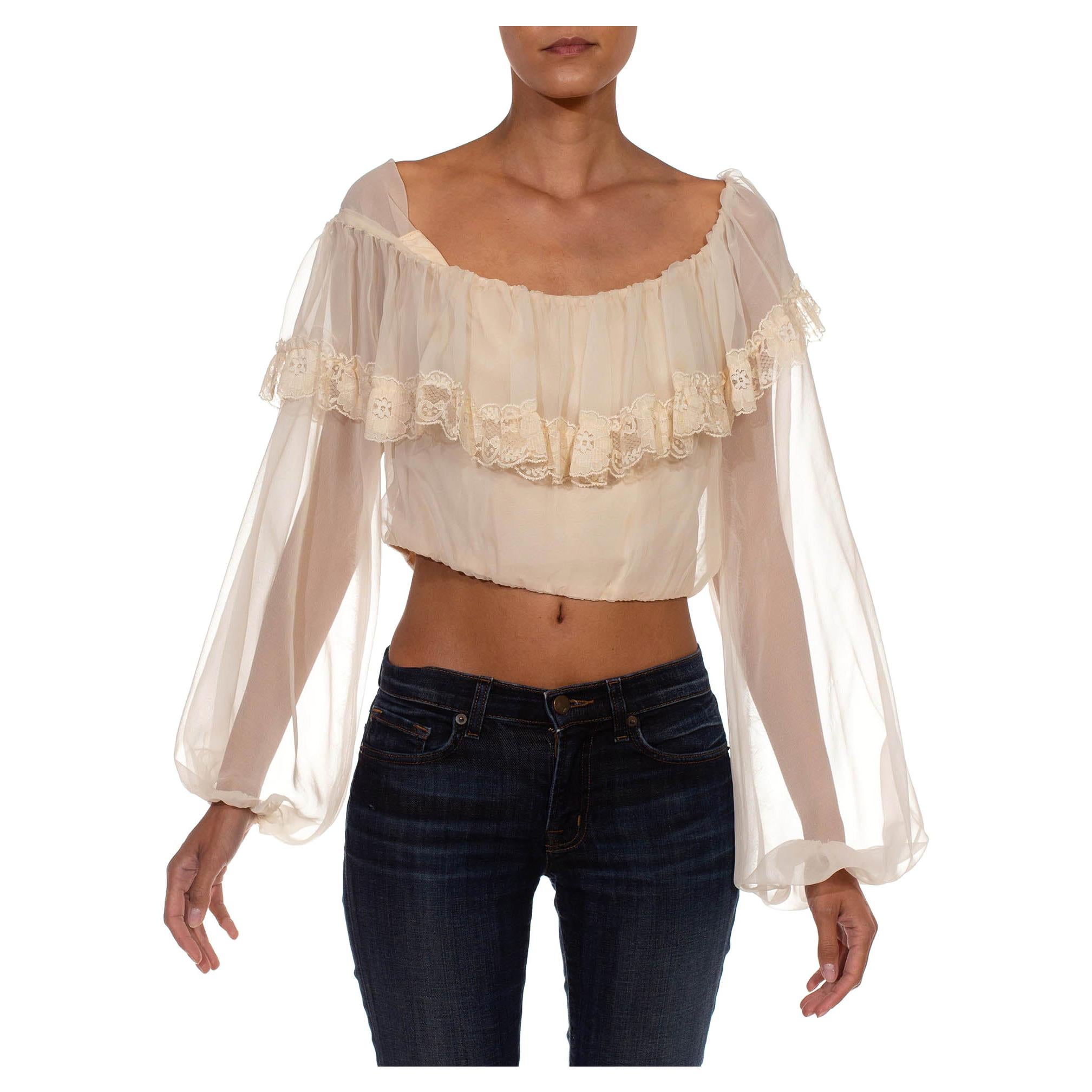 1970S Cream Polyester Chiffon Caplet With Lace Trimmings Crop Top For Sale