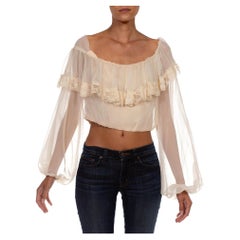 1970S Cream Polyester Chiffon Caplet With Lace Trimmings Crop Top