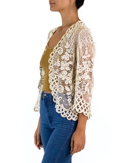 Victorian Cream Cotton Antique Lace Scrollwork Cardigan