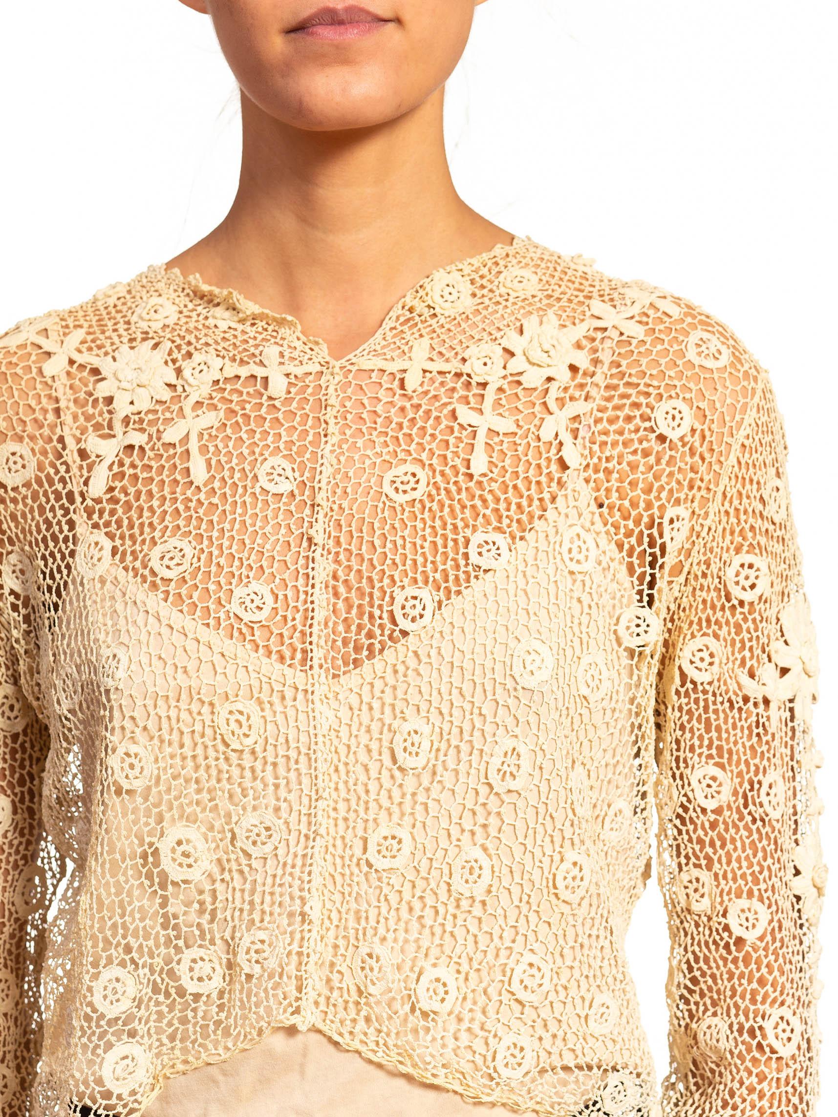 Victorian Cream Cotton Hand Crochet Top With Long Sleeves For Sale 6