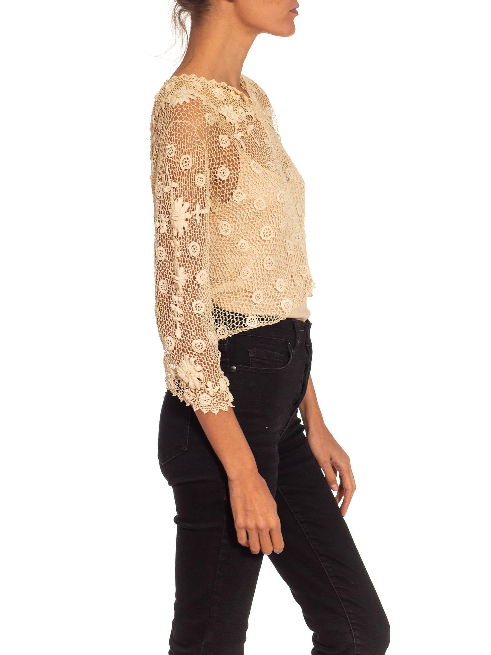 Women's Victorian Cream Cotton Hand Crochet Top With Long Sleeves For Sale