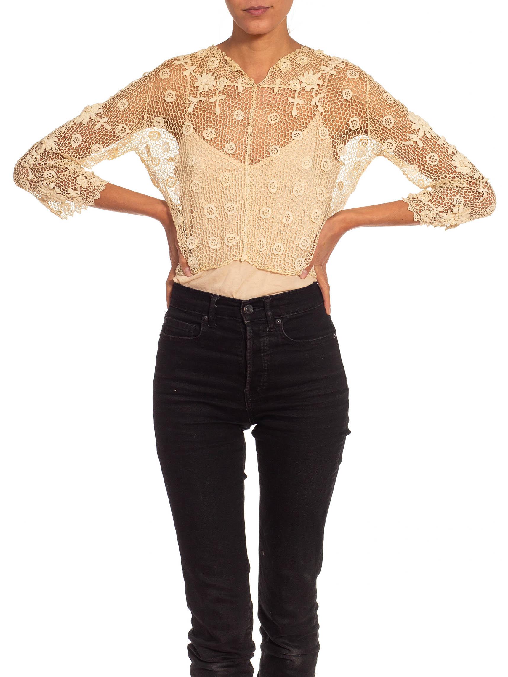 Victorian Cream Cotton Hand Crochet Top With Long Sleeves For Sale 2
