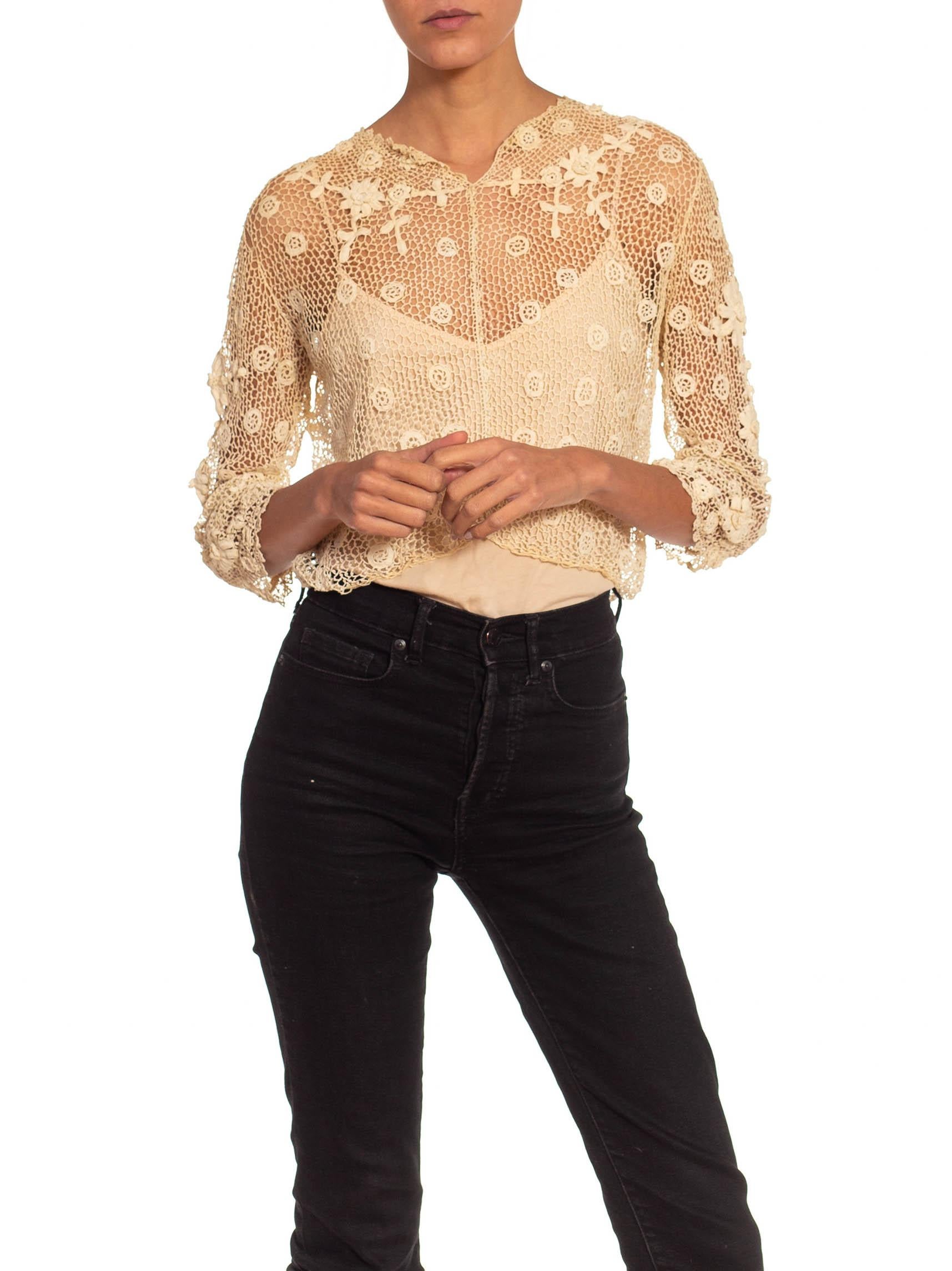 Victorian Cream Cotton Hand Crochet Top With Long Sleeves For Sale 4
