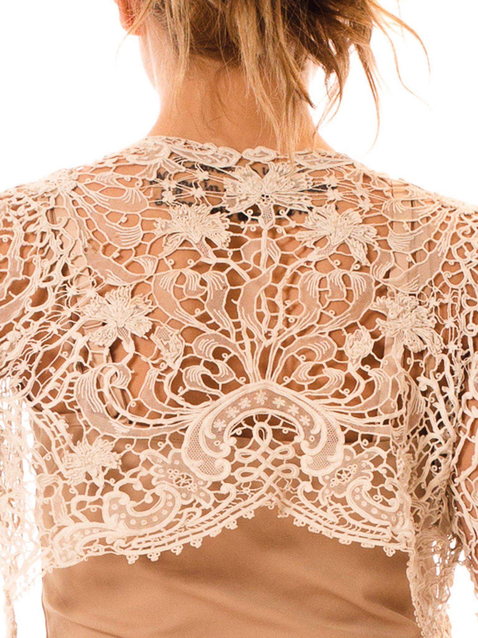 Orange Victorian Cream Cotton Hand Made Art Nouveau Lace & Net Bolero Jacket Shrug Top For Sale