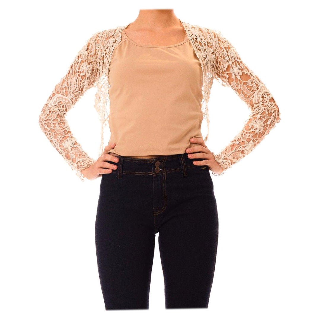 Viktorianische viktorianische Bolerojacke aus cremefarbener Baumwolle, handgefertigt, mit Art nouveau-Stil Spitze und Netz