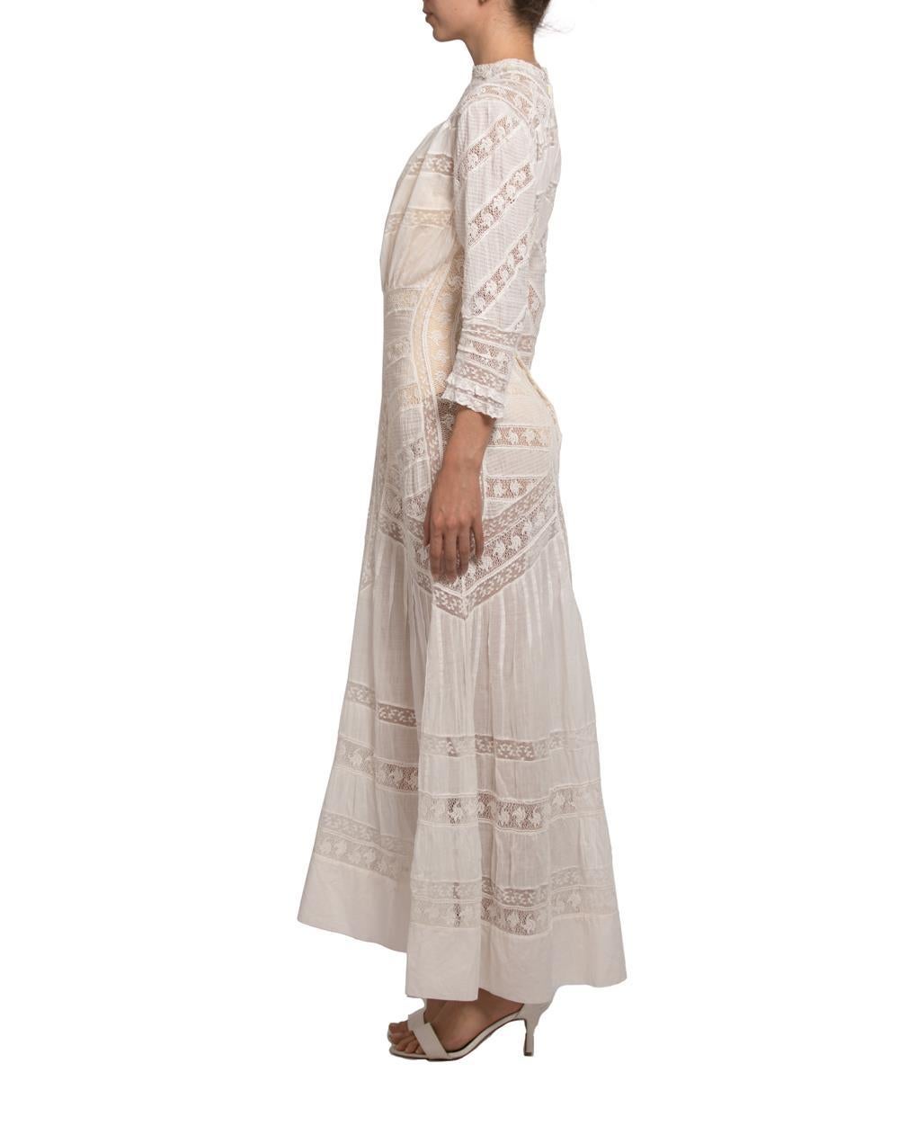 Victorian Cream Organic Cotton Lace Tea Dress With Sleeves In Excellent Condition For Sale In New York, NY